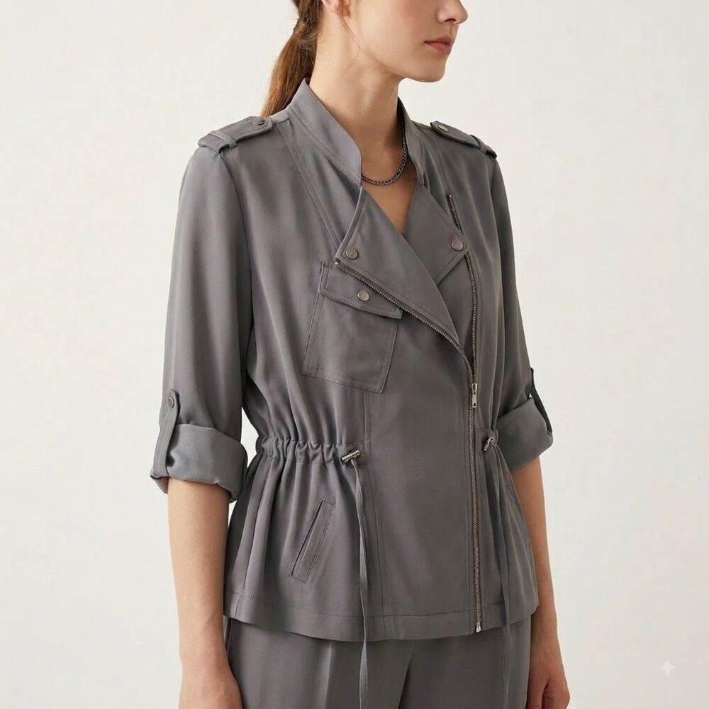 Black Label by Chicos Grey Utility Moto Jacket & Jogger Suit Set Large 12